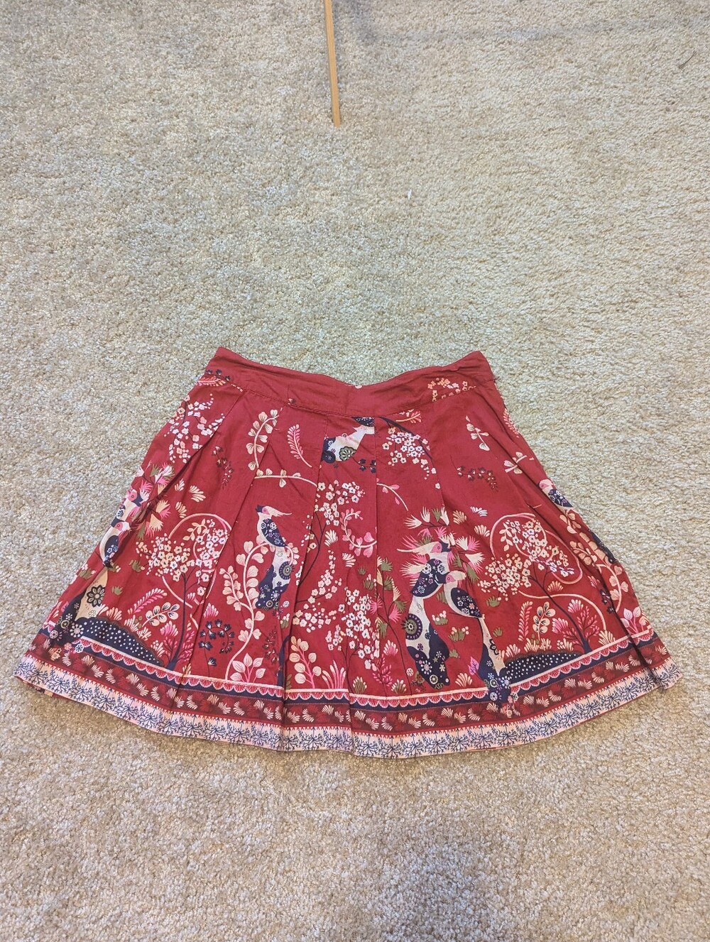 Forever 21 Red Floral A-Line Skirt with Bird Motif